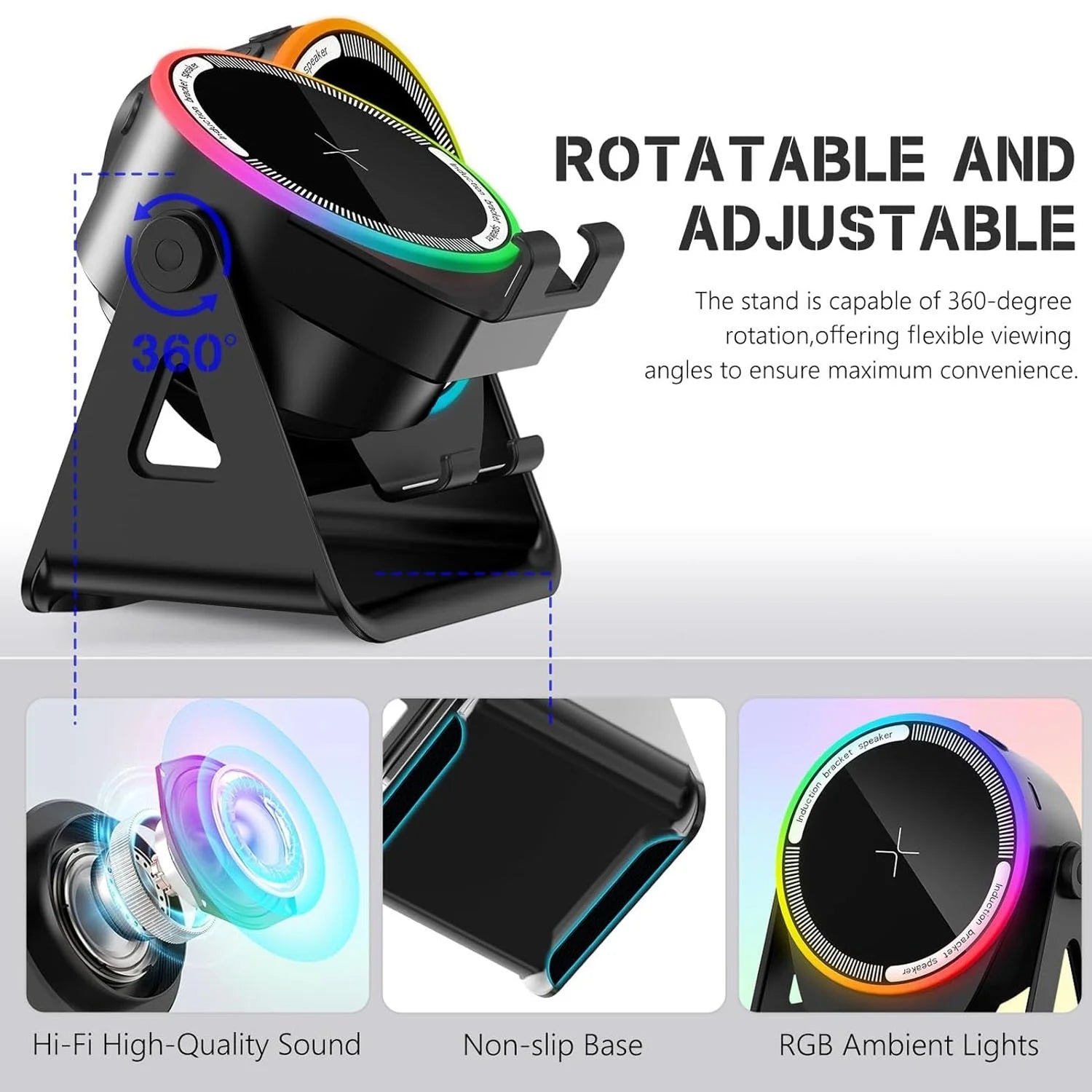 5-in-1 Bluetooth Speaker and Phone Stand – Stereo Audio, RGB Lighting & Universal Device Compatibility