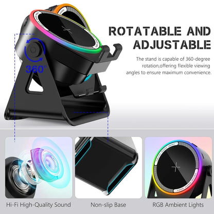 5-in-1 Bluetooth Speaker and Phone Stand – Stereo Audio, RGB Lighting & Universal Device Compatibility