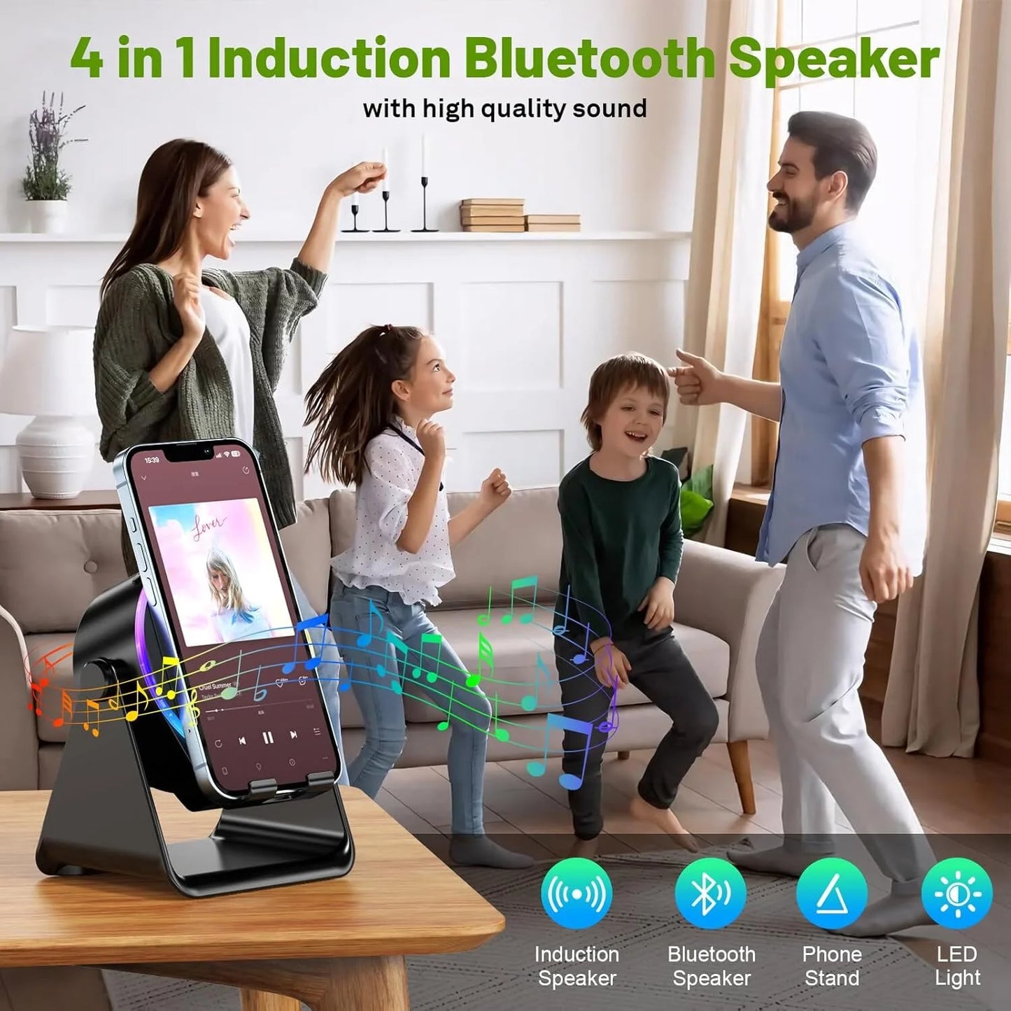 5-in-1 Bluetooth Speaker and Phone Stand – Stereo Audio, RGB Lighting & Universal Device Compatibility