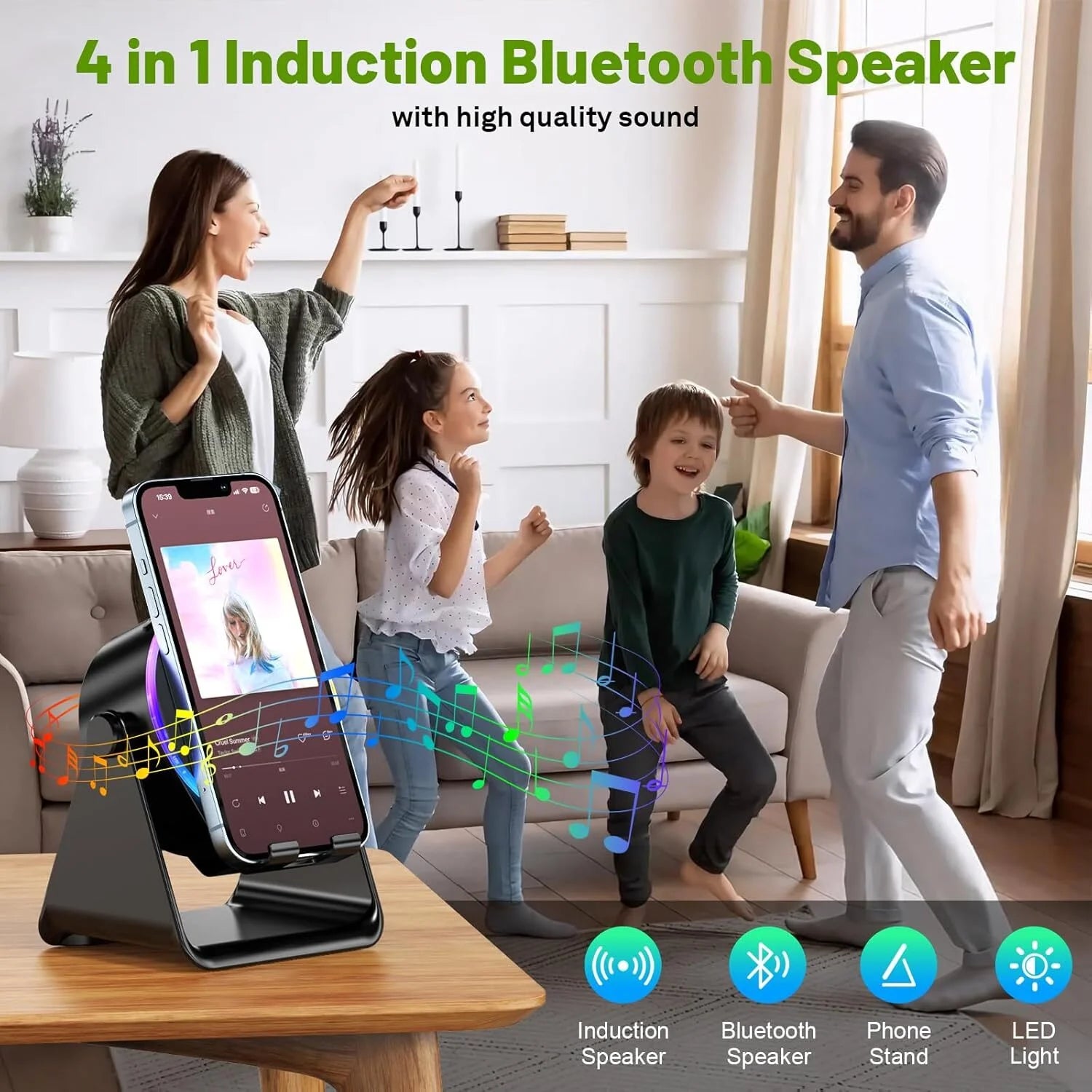 5-in-1 Bluetooth Speaker and Phone Stand – Stereo Audio, RGB Lighting & Universal Device Compatibility