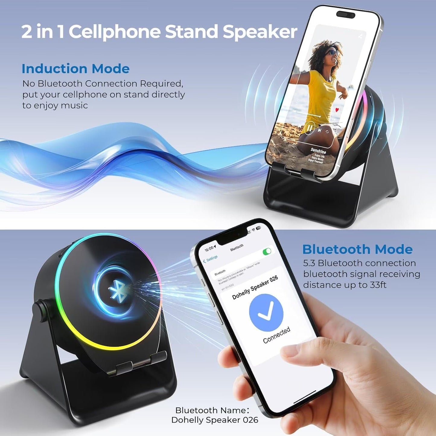 5-in-1 Bluetooth Speaker and Phone Stand – Stereo Audio, RGB Lighting & Universal Device Compatibility