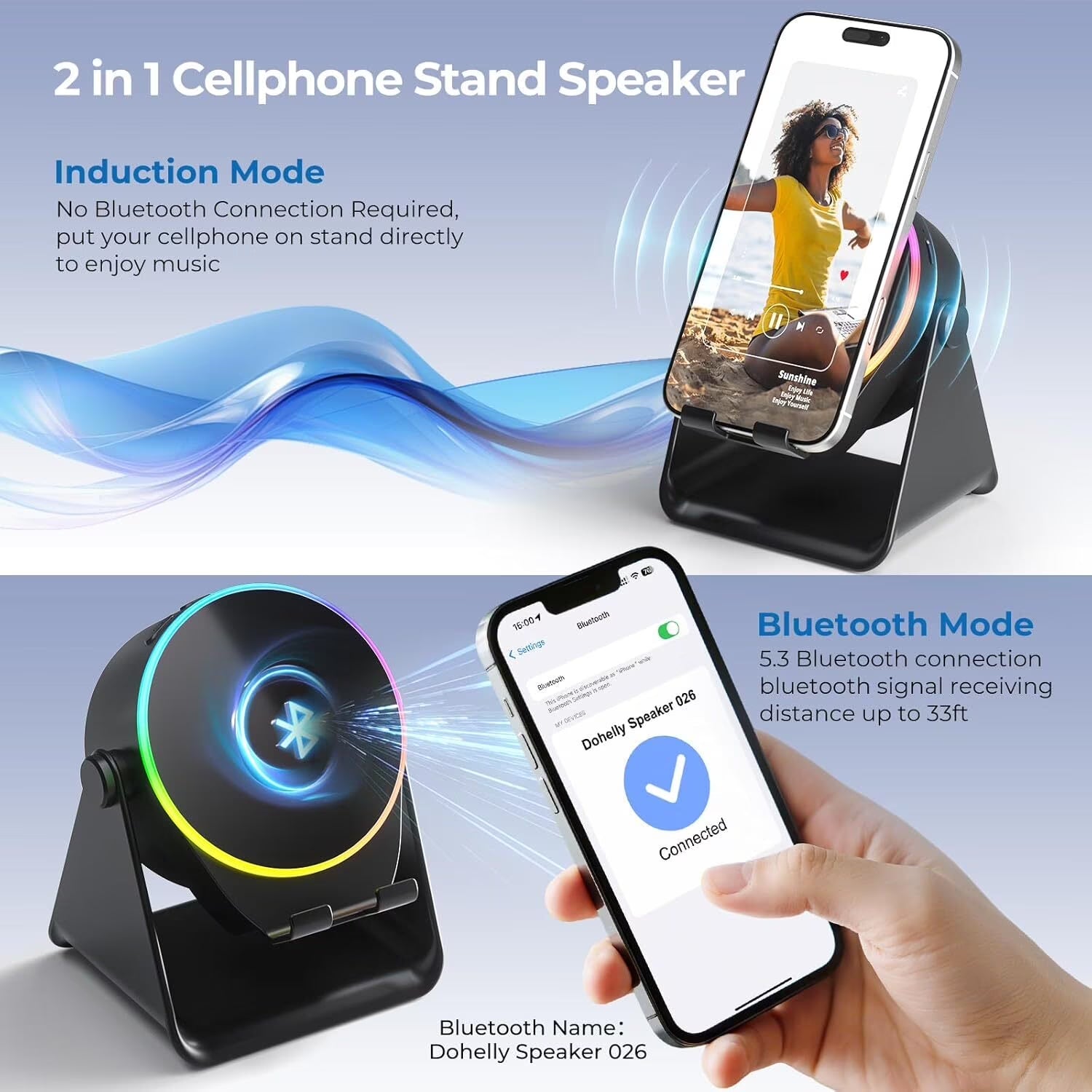 5-in-1 Bluetooth Speaker and Phone Stand – Stereo Audio, RGB Lighting & Universal Device Compatibility