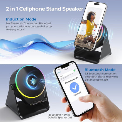 5-in-1 Bluetooth Speaker and Phone Stand – Stereo Audio, RGB Lighting & Universal Device Compatibility