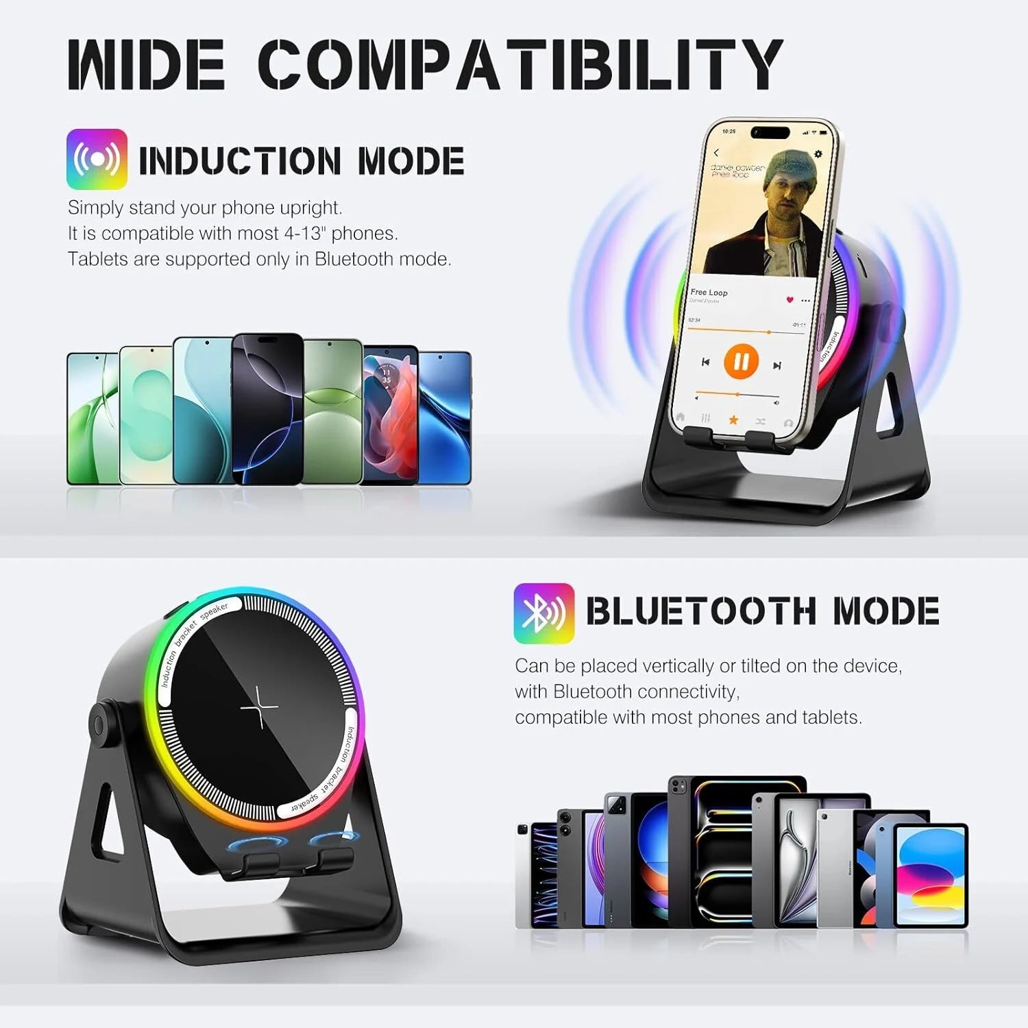5-in-1 Bluetooth Speaker and Phone Stand – Stereo Audio, RGB Lighting & Universal Device Compatibility