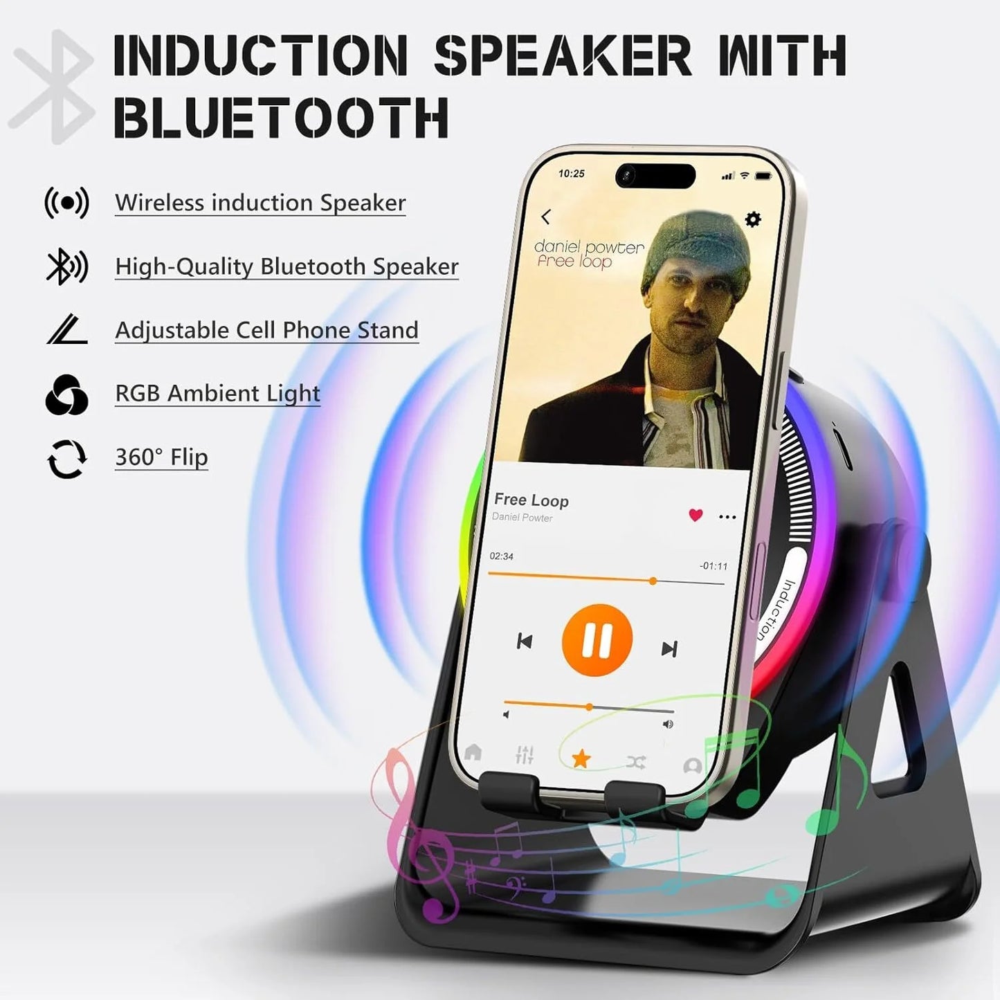 5-in-1 Bluetooth Speaker and Phone Stand – Stereo Audio, RGB Lighting & Universal Device Compatibility