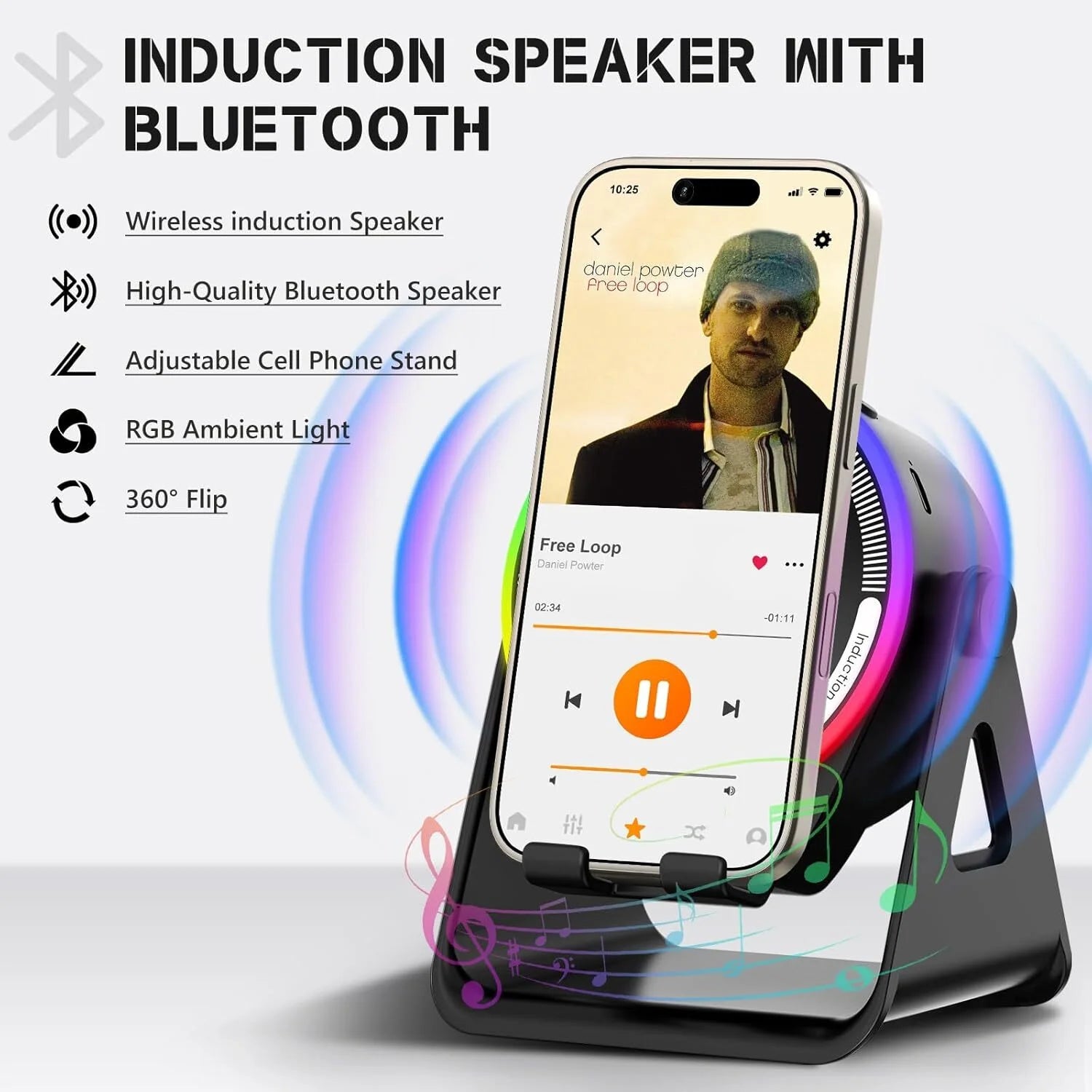 5-in-1 Bluetooth Speaker and Phone Stand – Stereo Audio, RGB Lighting & Universal Device Compatibility